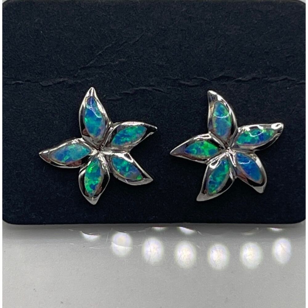 925 Sterling Silver Turquoise Starfish Post Earrings 1/2” - Picture 2 of 6